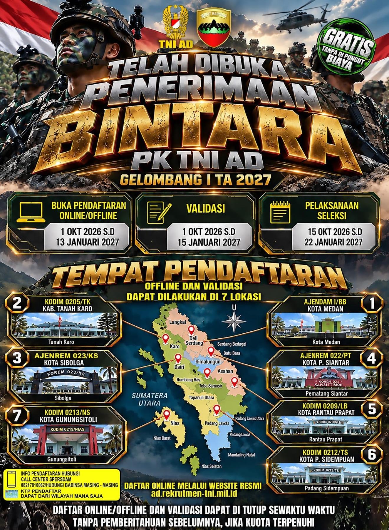 TNI AD Buka Rekrutmen Bintara PK TA 2027, Pendaftaran Tidak Dipungut Biaya